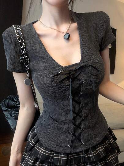 DAZY 女士纯色系带短袖休闲T恤