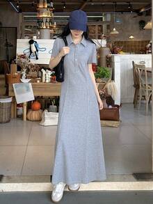 DAZY Women's Striped Button Casual Minimalist Midi Dress For Party - Grey - View 2