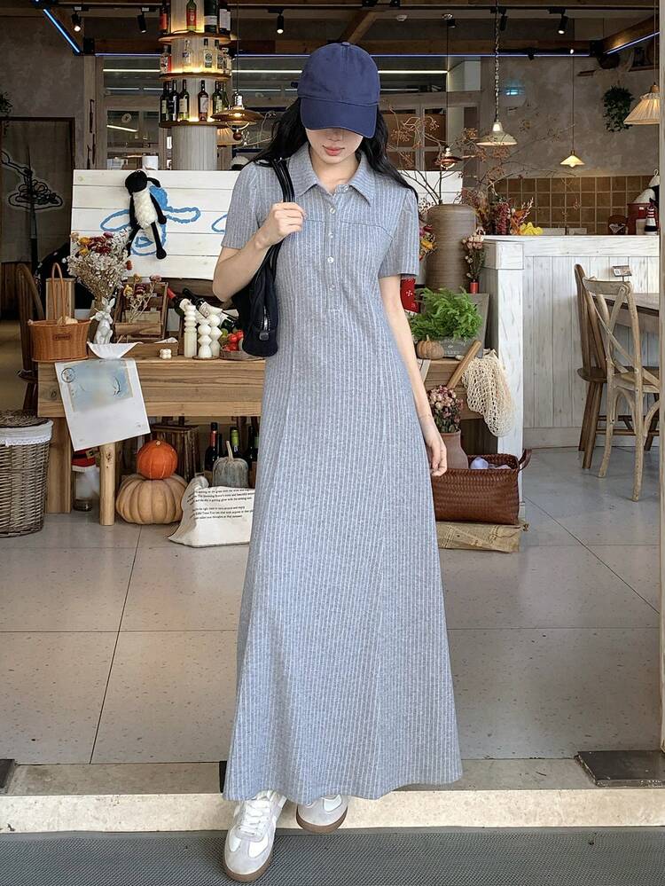 Women's Striped Button Casual Minimalist Midi Dress For Party Sundress Summer