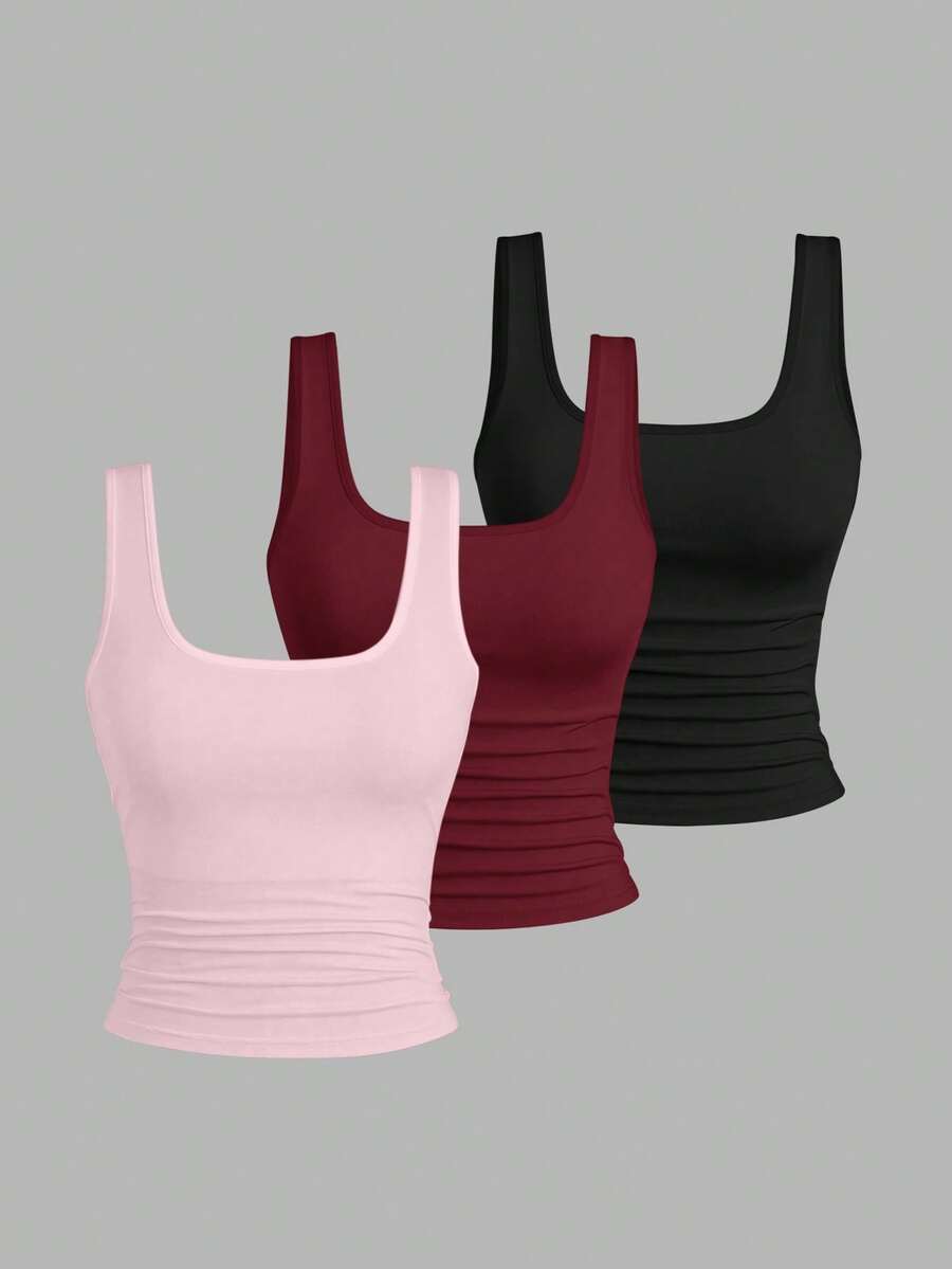 EMERY ROSE Camiseta de tirantes estampada de talla grande, Camiseta de tirantes casual de cuello redondo de talla grande, Camiseta de tirantes de moda de talla grande, Conjunto de 3 camisetas de tirantes de talla grande, Verano - Multicolor - Ver 1