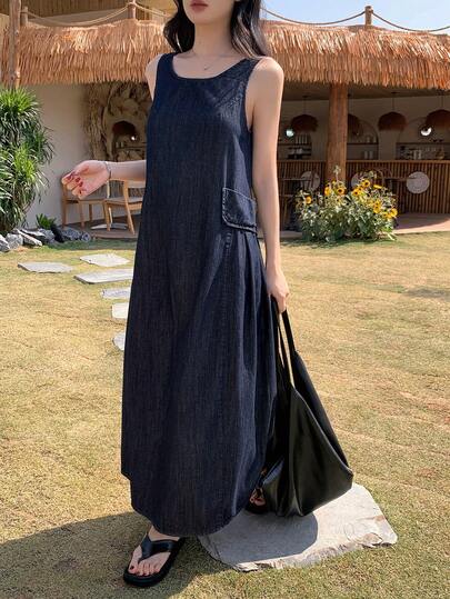 DAZY 女士夏季圆领无袖口袋装饰休闲露背度假牛仔连衣裙