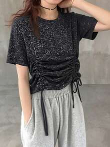 FRIFUL Camiseta holgada y versátil de manga corta con cordón, a cuadros, para mujer, primavera/verano - Gris Oscuro - Ver 15