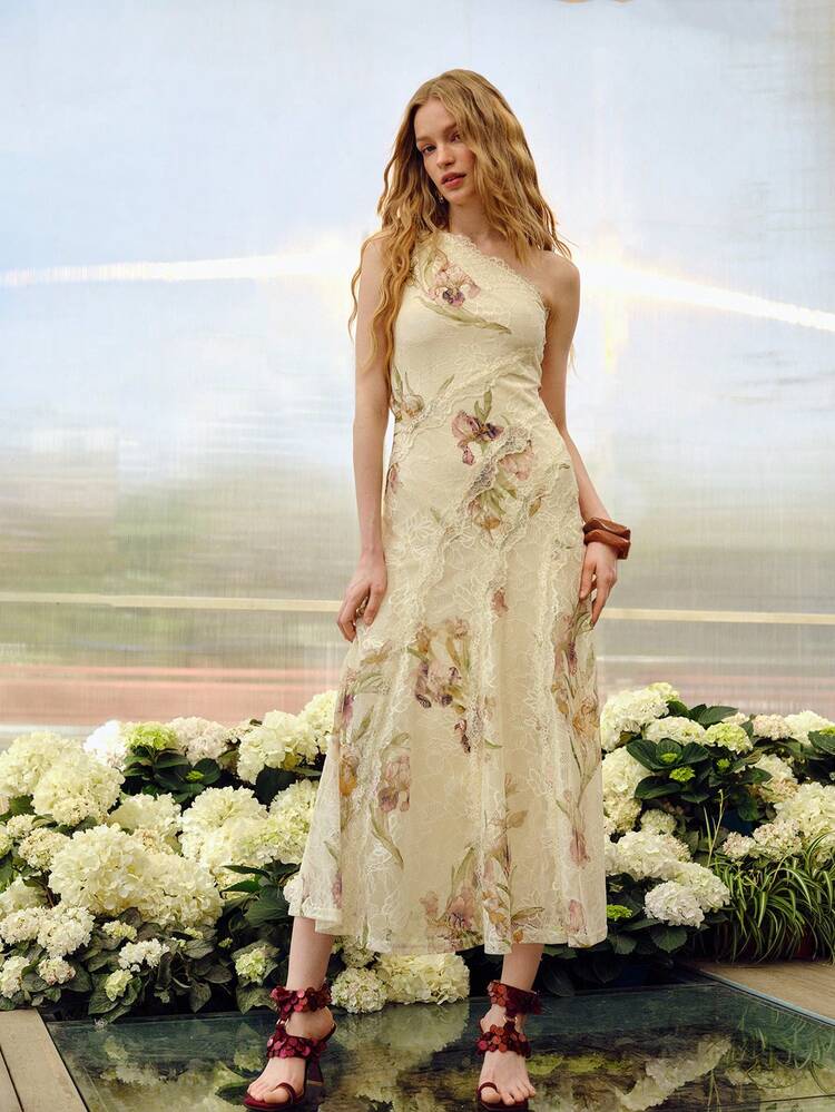 WOMEN'S SPRING/SUMMER FLORAL ROMANTIC ASYMMETRIC NECK MID-LENGTH DRESS