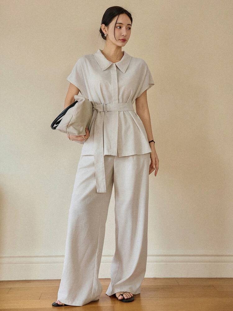 Women's Solid Color Bat Sleeve Shirt And Wide Leg Pants Casual 2 Pieces Set