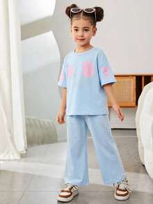 SHEIN Bộ đồ thể thao thường ngày cho mẹ và con gái, gồm áo thun tay rớt và quần dài, thích hợp cho mùa hè, thích hợp cho đi bộ/thể thao/đi học và mặc thường ngày, tuyệt vời cho mặc thường nhật và đi học vào mùa xuân và mùa thu, thích hợp cho mẹ và con gái, chị em gái và tôi. - Màu xanh lam - Xem 5