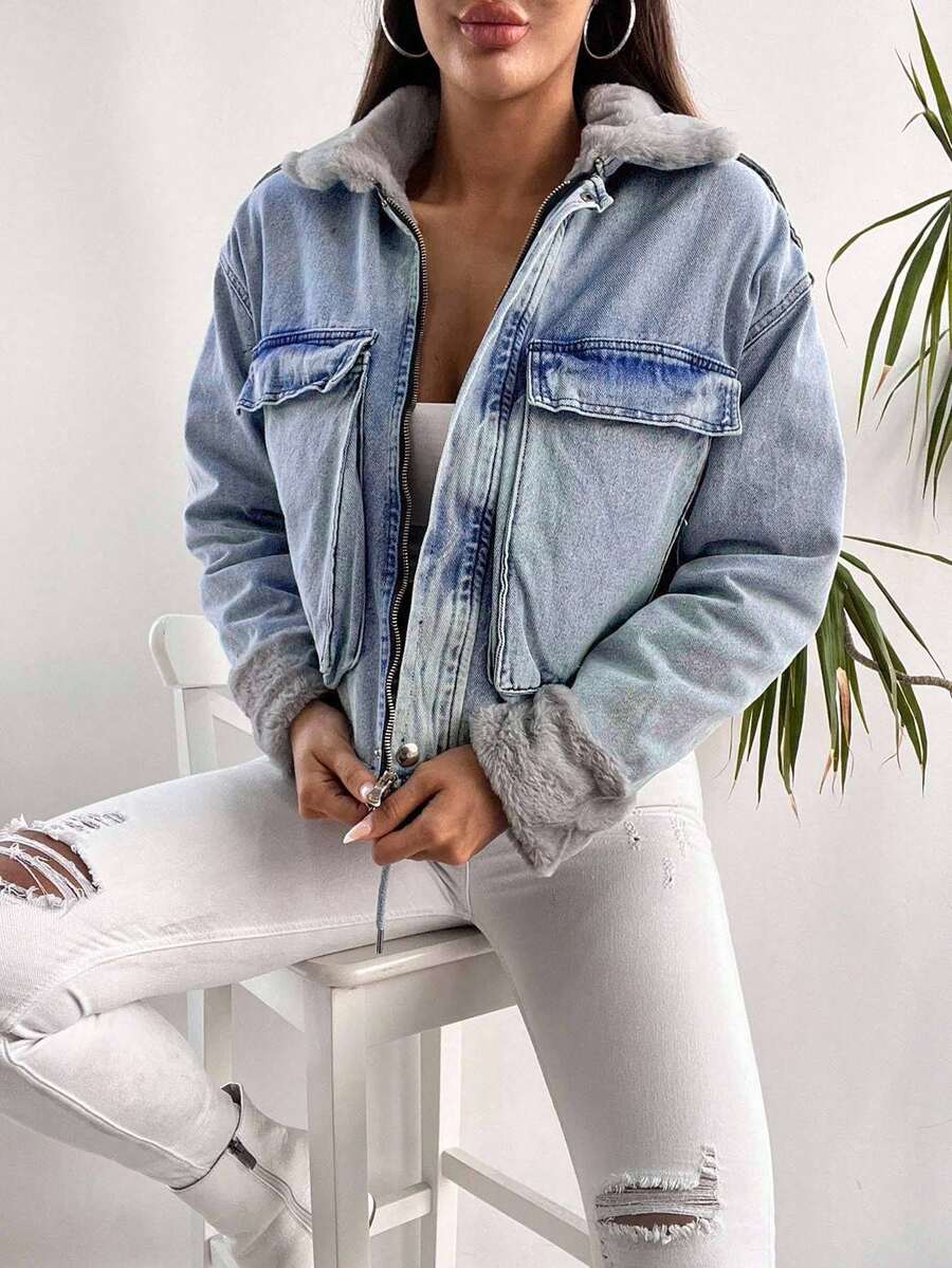 EURMUSE 100%Cotton Fuzzy Collar Flap Pocket Drop Shoulder Denim Jacket - Light Wash - View 1