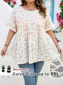 SHEIN CURVE+ Curve 尺码 US22 音乐节、海滨度假、波西米亚风女士时尚宽松圆领蕾丝袖花卉刺绣衬衫 - 彩色 - 查看 9