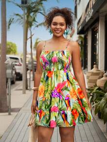 Travachic 大码女式热带植物印花度假连衣裙，鹦鹉印花吊带连衣裙，胸部收腰A字短款连衣裙，海岛假日连衣裙 - 彩色 - 查看 6