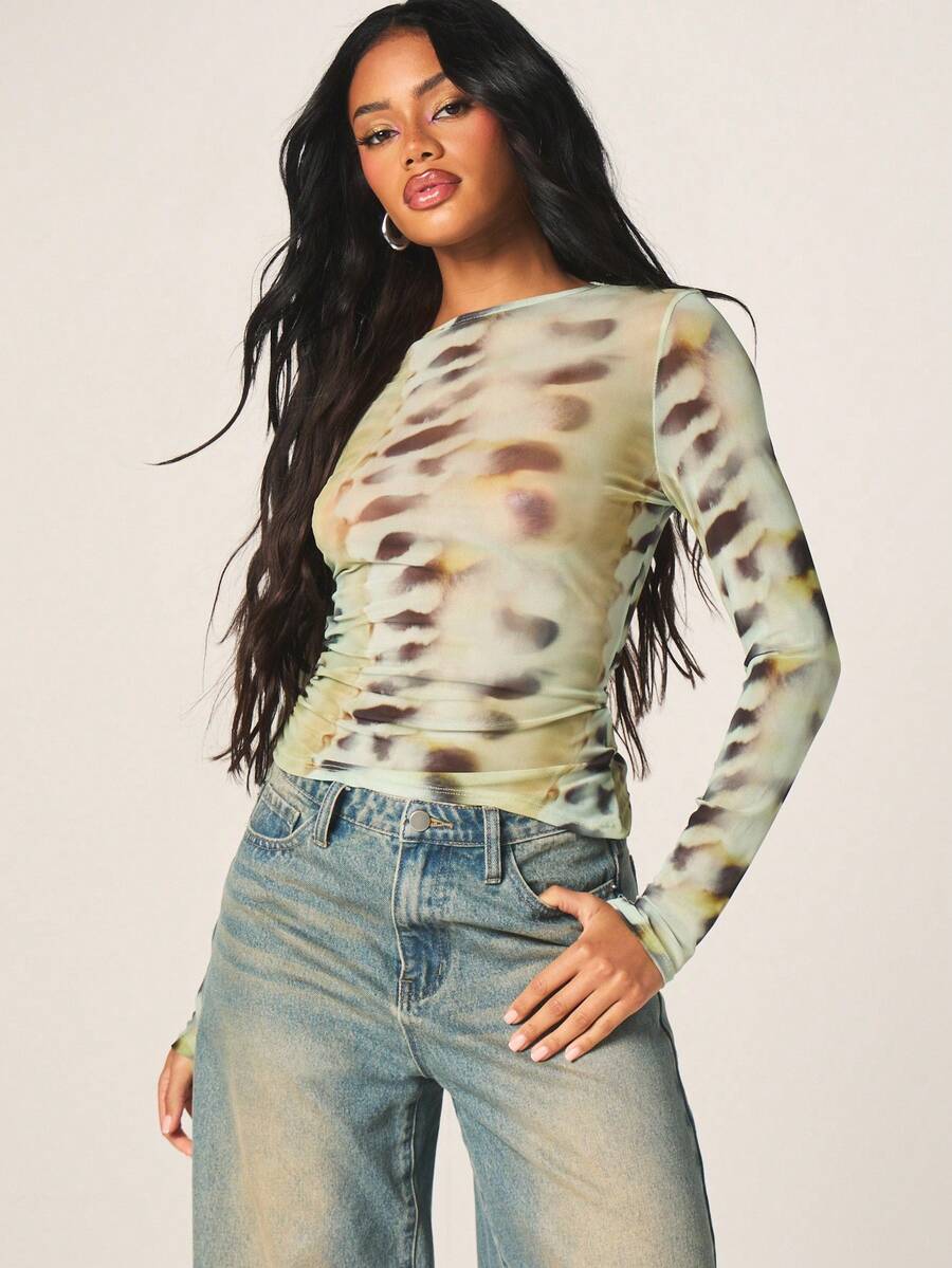 MISSGUIDED 长袖褶皱侧短款上衣扎染印花立领修身派对俱乐部夜生活节日 Y2K 时尚 - 彩色 - 查看 1