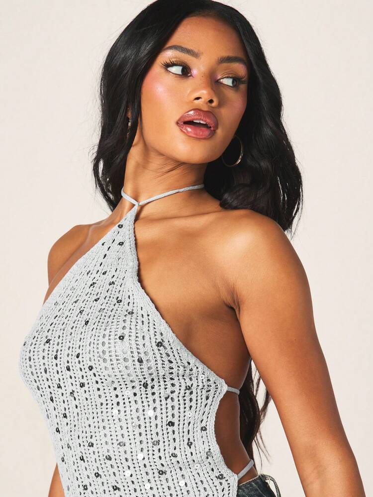 MISSGUIDED Pailletten-Trägertop mit gehäkelter Spitze und metallischen Verzierungen für Sommer, Strandurlaub und Festivals