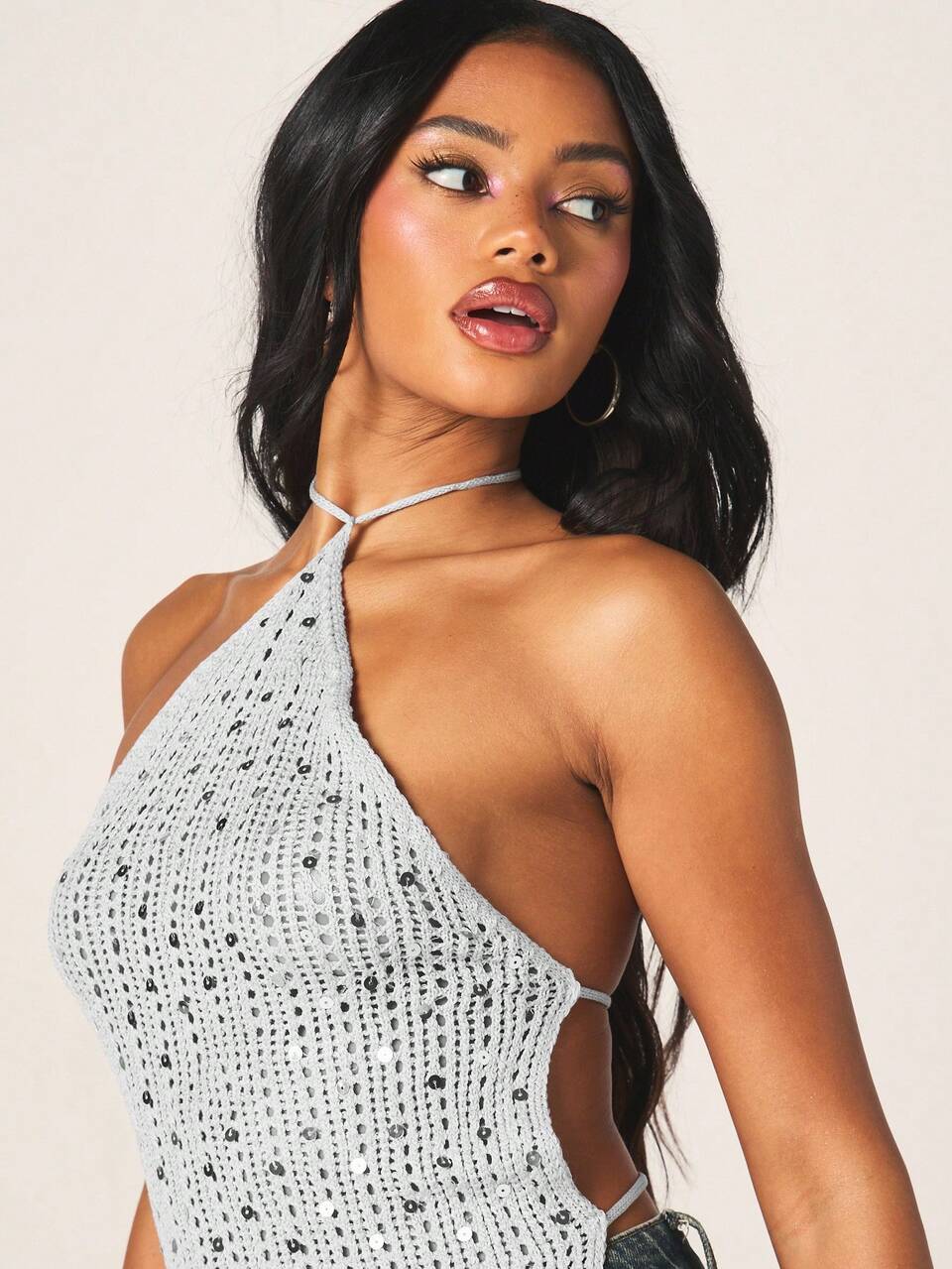 MISSGUIDED Sequined Halter Neck Crochet Tank Top With Metallic Embellishments For Summer Beach Vacation Festival Wear