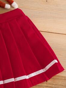 SHEIN 女婴蝴蝶结樱桃印花Polo衫搭配百褶迷你裙套装，时尚日常穿着 - 紅色 - 查看 4