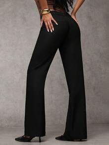 SHEIN PETITE CURVE 大码纯色休闲裤，带口袋，百搭实用，适合日常穿着、春季、外出、休闲场合，黑色，通勤、日常生活、办公室穿着皆宜。 - 黑色 - 查看 3