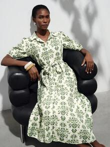 Aveloria Modichic Rochie elegantă de damă pentru navetă, zi de zi și vacanță, cu imprimeu minimalist, rever, mânecă bufantă, talie strânsă și nasturi în față - Verde - Vizualizare 2