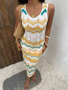 Selianne Spring/Summer Casual Vacation Style Round Neck Sleeveless Fitted Knit Tank Dress For Women - Multicolor - View 6