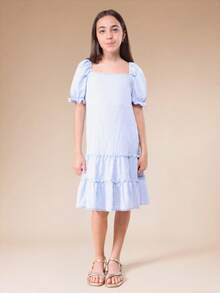 SUMWON Tween Girls Light Blue Smocked Square Neck Puff Sleeve Tiered Midi Dress With Ruffle Details And White Trim - Baby Blue - View 7