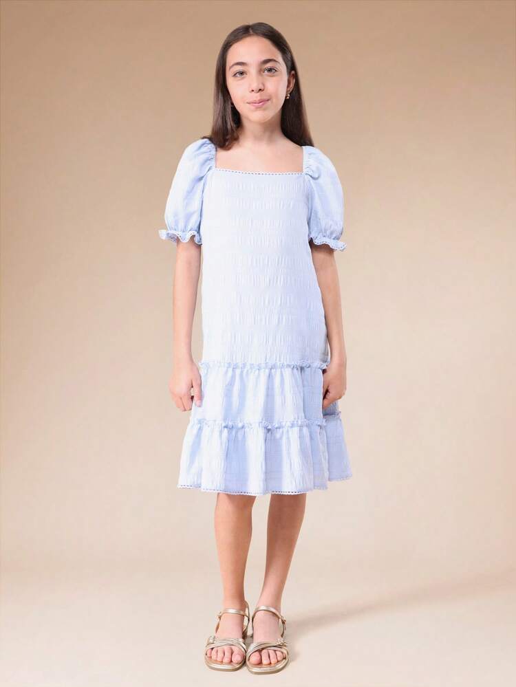 Square Neck Puff Sleeve Smocked Tiered Dress