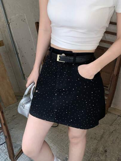 DAZY Women's Rhinestone Embellished Denim Mini Skirt