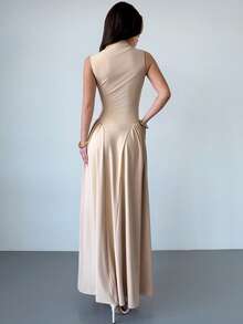 Firerie Women's Elegant Daily Commute Casual Travel Vacation Dress, Apricot Khaki Sleeveless Stand Collar Waist A-Line Slimming Graceful Dress, Beach Dress Outfit, Vacation Dress Outfit, Teacher Dress Outfit - Khaki - View 5