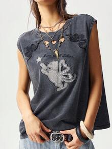 Bohemela 女士夏季Y2K休闲波西米亚度假乡村风西部音乐节复古针织水洗做旧趣味猫咪镂空刺绣图案宽肩宽松短袖T恤，夏季外出上衣，假日 - 黑色 - 查看 5