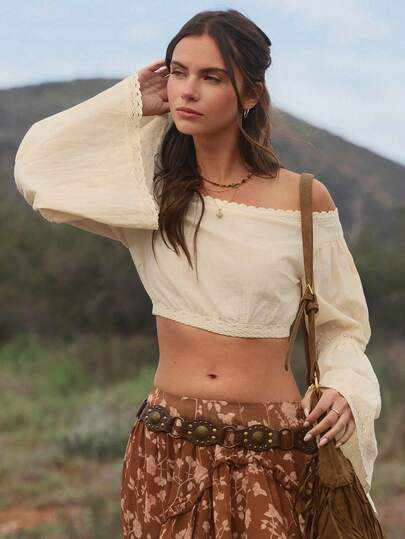 WESTFADE Top corto con hombros descubiertos de algodón y encaje a ganchillo