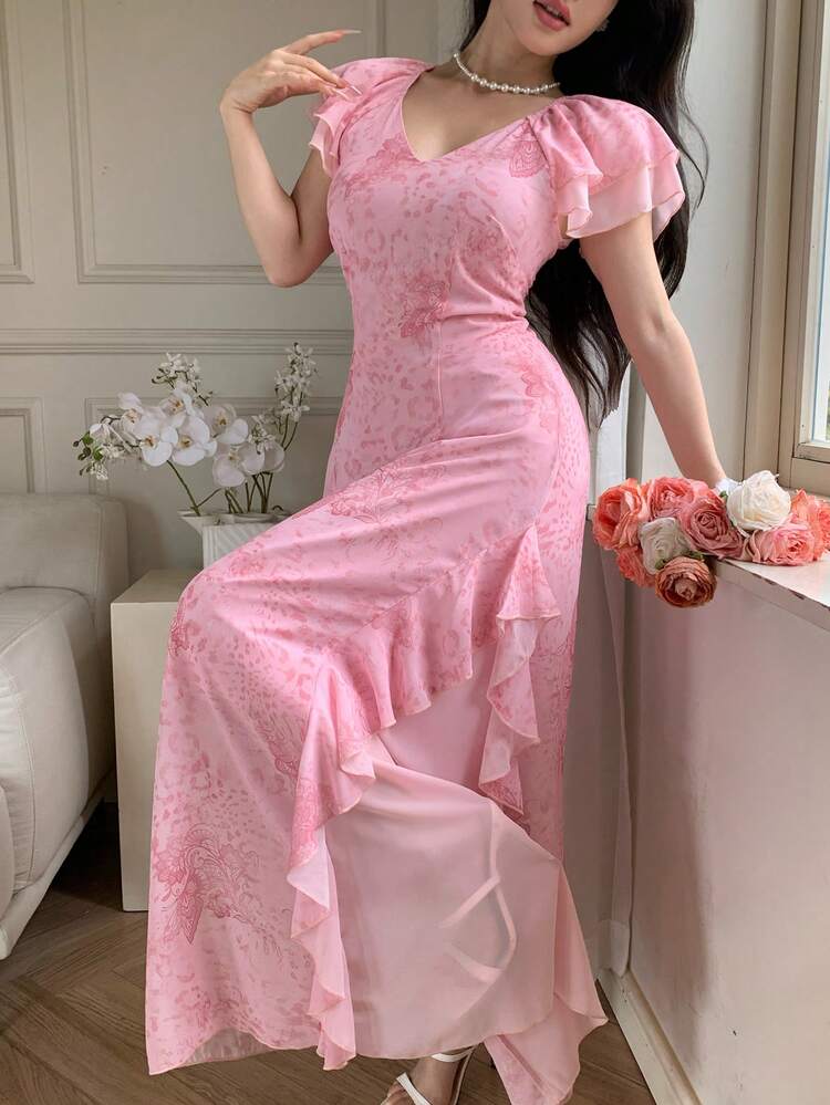 V-Neck Tie Dye Ditsy Floral Asymmetrical Hem Ruffle Dress For Women, Summer Sundress