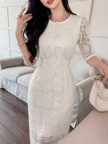 DAZY Đầm midi ren thêu cao cấp, đầm dự tiệc mùa hè thanh lịch kiểu Pháp cổ tròn xẻ tà dành cho nữ. - trắng - Xem 6