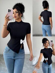 SHEIN Elenzya Women's Black Butterfly Decor Half-Turtleneck Asymmetrical Hem Short Sleeve T-Shirt, Spring/Summer - Black - View 3