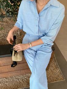 DAZY Women's Collared Solid Color Long Sleeve 2 Pieces Set Summer - Blue - View 1