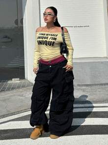 SHEIN EZwear 2026春夏新款休闲户外、派对、约会、生日、音乐节、返校、度假、情人节、新年等多种场合穿着，可叠穿露肩黑色字母印花弹力针织黄色加大码T恤 - 黃色 - 查看 5