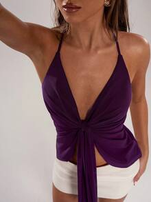 SHEIN BAE 女士休闲度假露背系带纯色吊带背心，适合海滩度假、姐妹度假、休闲度假、休闲外出，性感吊带背心，紫红色上衣 - 中紫紅色 - 查看 7