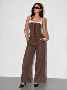 SHEIN ICON 女士通勤条纹阔腿裤 - 棕色 - 查看 3