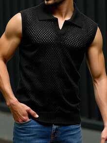 Manfinity Homme Chaleco de punto de unicolor versátil y casual para hombres - Negro - Ver 4