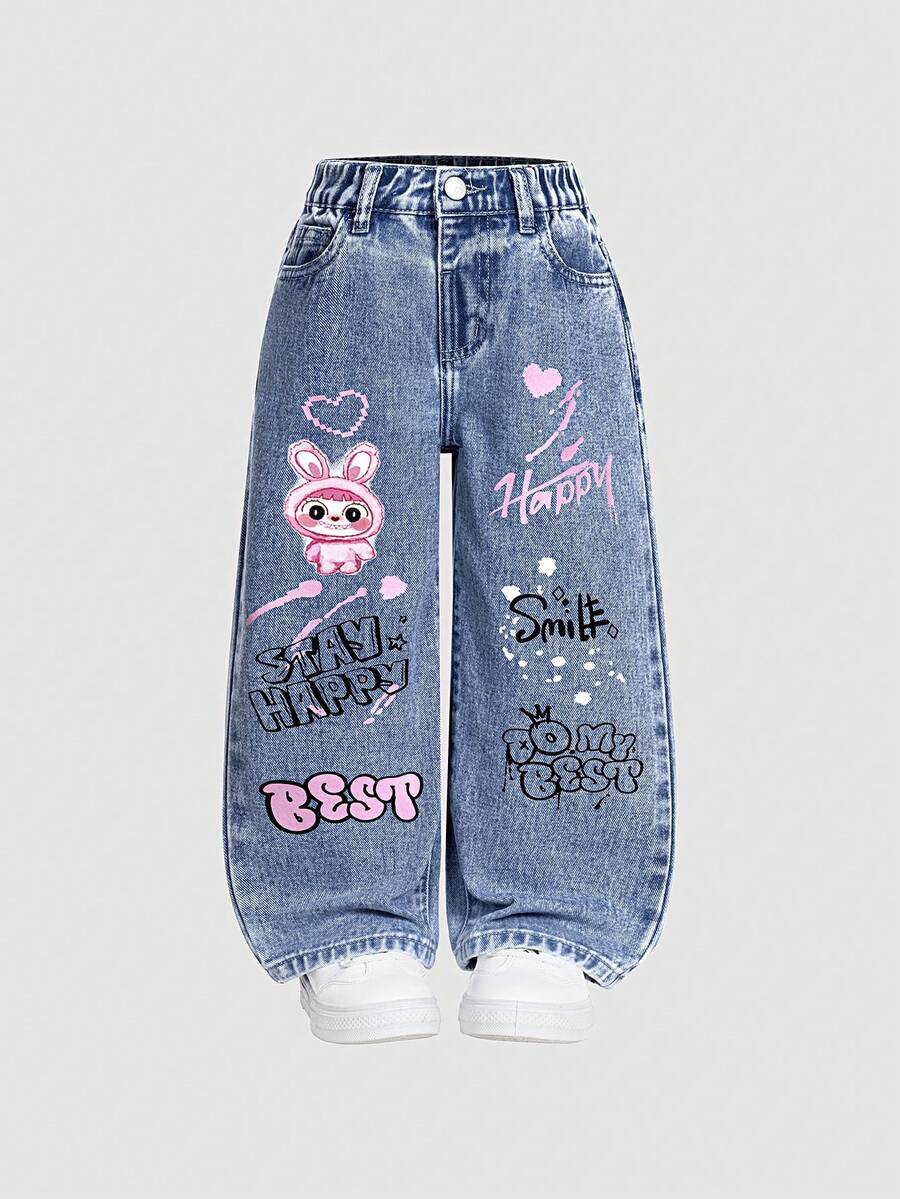 SHEIN ChillGRL 女童印花直筒裤，夏季新款休闲时尚简约百搭英文卡通涂鸦印花设计，深蓝色水洗，可爱甜美风格，可搭配卡通T恤、条纹T恤，适合度假、休闲、周末外出，女童牛仔直筒裤 - 深色水洗藍 - 查看 1
