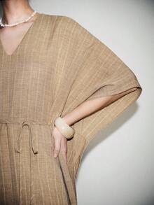 Lumivelle Women's Spring/Summer Fashion Long Dress, High-End Unique Linen Cotton Striped V-Neck Dress - Khaki - View 5