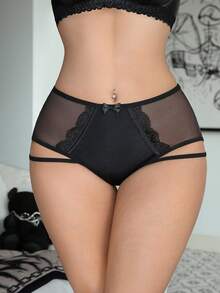 女士性感蕾丝拼接内裤 - 黑色 - 查看 1