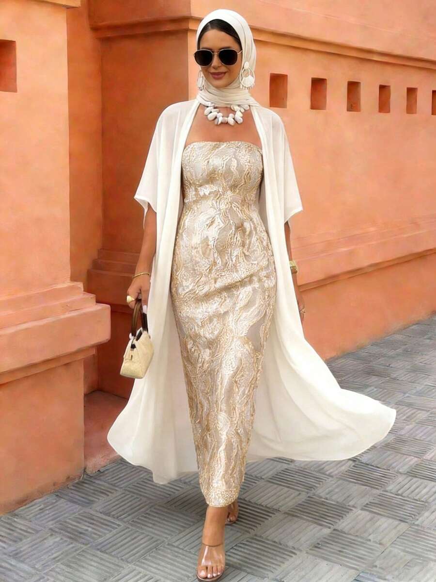 Elenzga 2025春夏高端极简蓝抹胸白披肩领连衣裙 - 黃色 - 查看 1