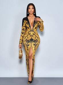SOLERSUN 秋冬女装：优雅迷人，是派对和聚会的完美之选。黑金印花，弹力面料，深V领，长袖，胸部和臀部褶裥设计，前开衩，长款连衣裙 - 黃色 - 查看 4