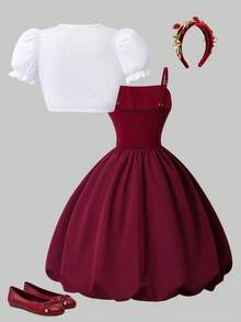 Tween GirlsRetro Elegant Red Bow Petal Sleeve Cardigan And White Bow Strap Peplum Dress Set, Sweet And Chic - Burgundy - View 2