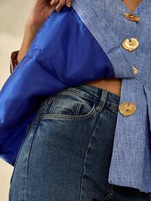 Bóhologie Gold Button Detailed Regular Fit Lightweight Blazers - Royal Blue - View 6