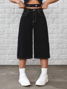 SHEIN Tall Women's High Waist Pockets Loose Casual Wide Leg 7/8 Length Jeans - Black - View 1