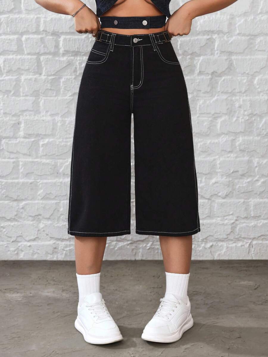 SHEIN Tall Women's High Waist Pockets Loose Casual Wide Leg 7/8 Length Jeans - Black - View 1