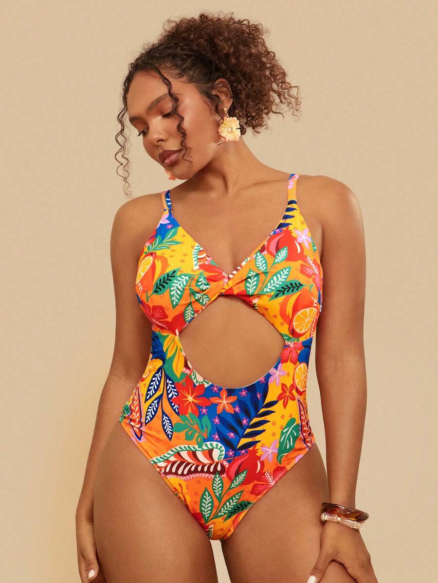 Travachic Plus Size Tropical Plant Print Cutout Front Twist One-Piece Swimsuit, Sexy & Slimming, Suitable For Beach Vacation Summer Outfits, Spring Clothing,Spring Outfit Women, Going Out Outfits, Vacation Outfits Women,Holiday Outfits, Casual Outfit For Women, Boho Style Women, Resort Outfit For Women, Island Holiday Outfit, Havana Outfit, Tropical Outfit, Mexican Style Plus Size Bathing Suits Women - Multicolor - View 1