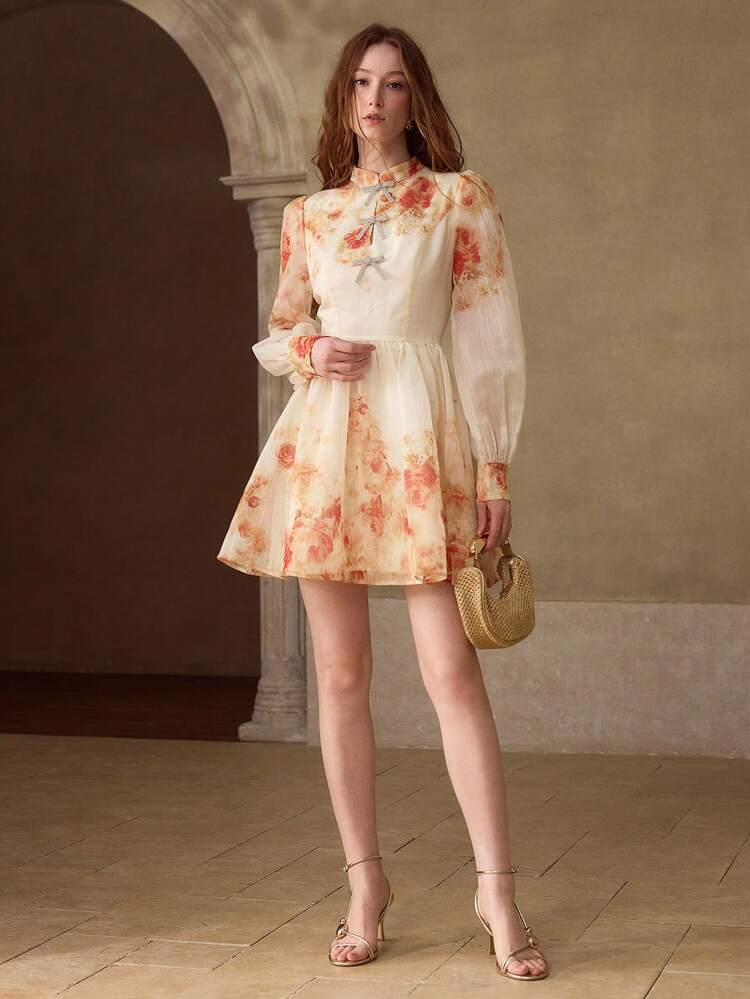 WOMEN'S SPRING/SUMMER FLORAL PRINT STAND COLLAR LANTERN SLEEVE RHINESTONE BOW DECOR SHORT DRESS