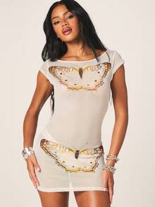 MISSGUIDED Đầm lưới xuyên thấu dành cho nữ với họa tiết bướm và phần lưng hở sâu. - Nhiều màu - Xem 1