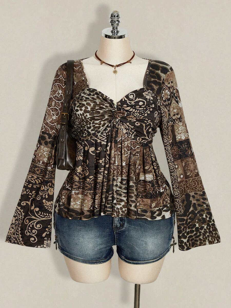 SHEIN ICON 大码女式波西米亚风佩斯利豹纹棕色T恤 - 彩色 - 查看 1