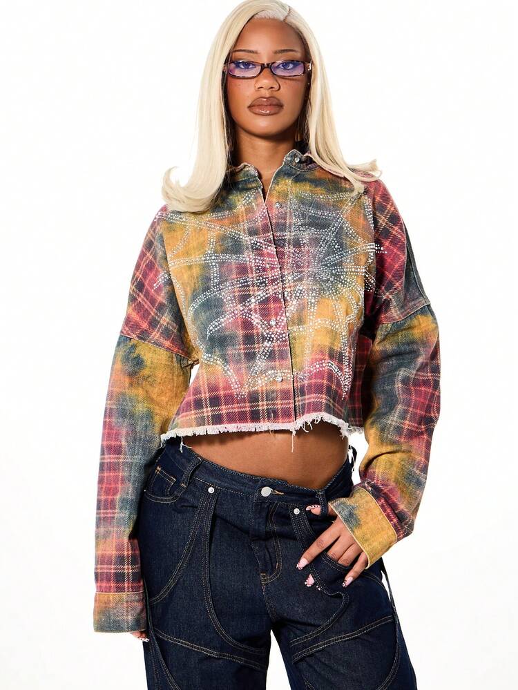 SUMWON WOMEN Oversized Acid-Wash-Jeansjacke mit Strasssteinen, kurz geschnitten