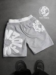 SLATEMANN 男士休闲字母印花抽绳腰短裤，夏季 - 灰色 - 查看 1