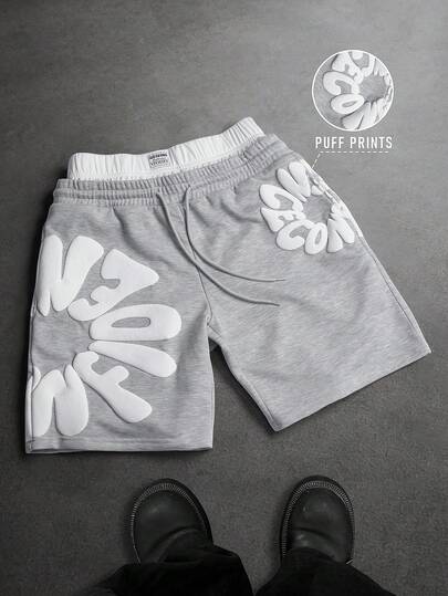 SLATEMANN 男士休闲字母印花抽绳腰短裤，夏季