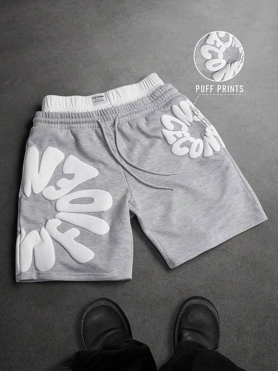 SLATEMANN 男士休闲字母印花抽绳腰短裤，夏季 - 灰色 - 查看 1